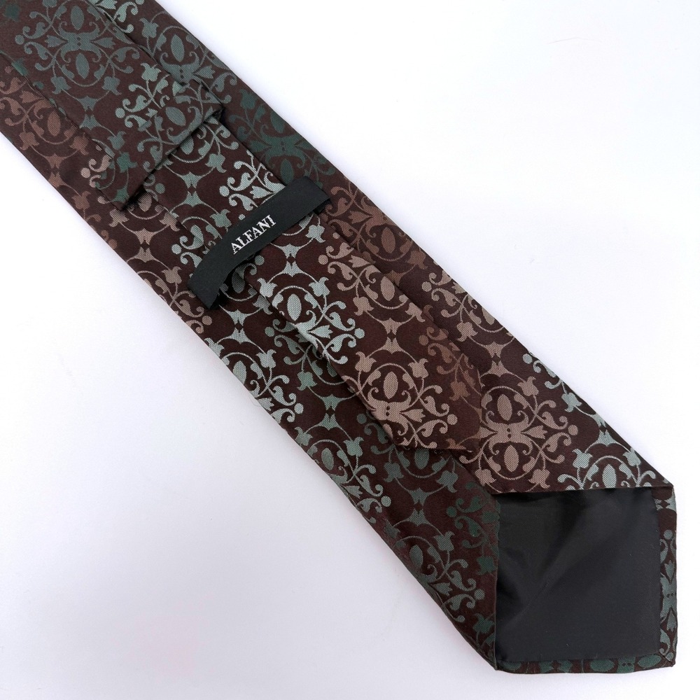 Alfani‎ Mens Brown Green Silk Damask Paisley Tie Handmade Business 60.5L 3.5W